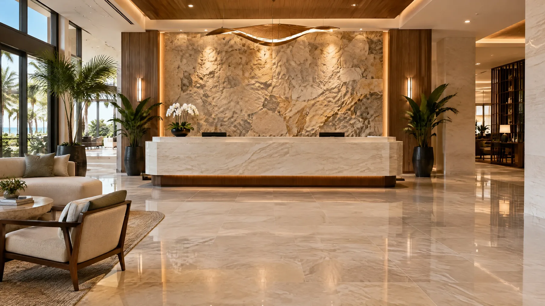 hotel bath tile example — porcelain guest bathroom with walk-in shower