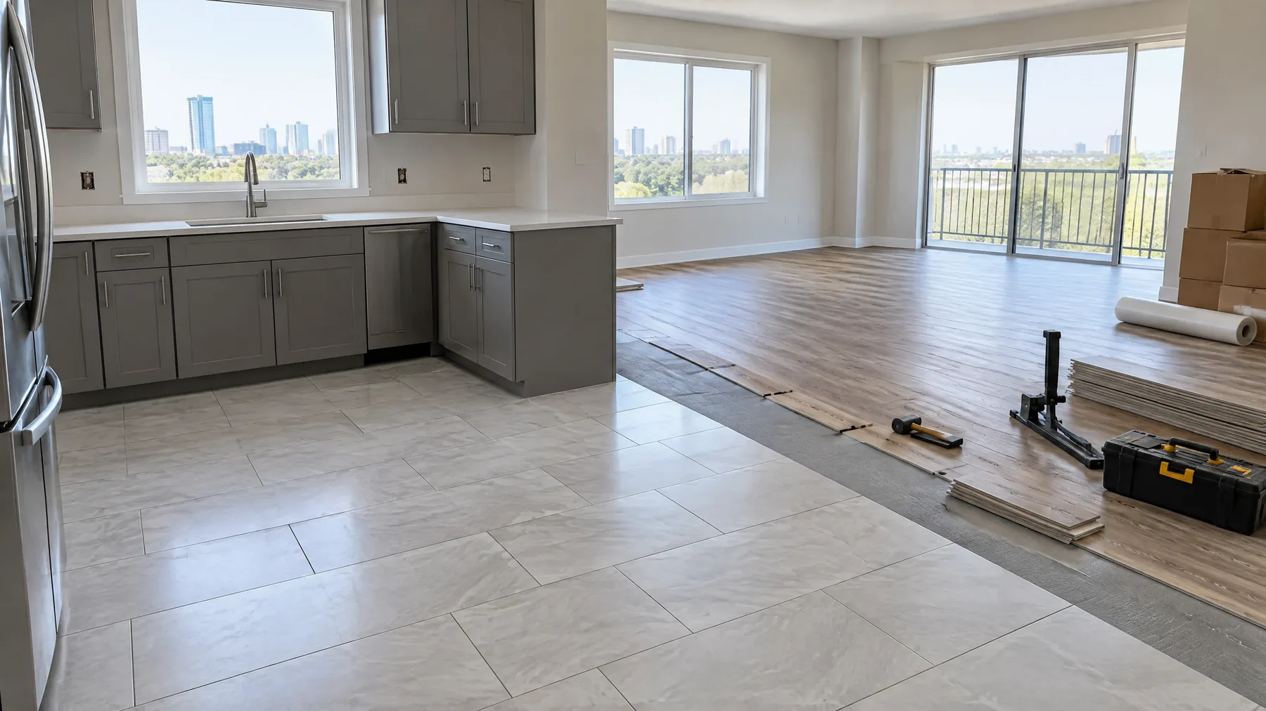 multifamily flooring example — porcelain kitchen and LVP living area in a unit turnover