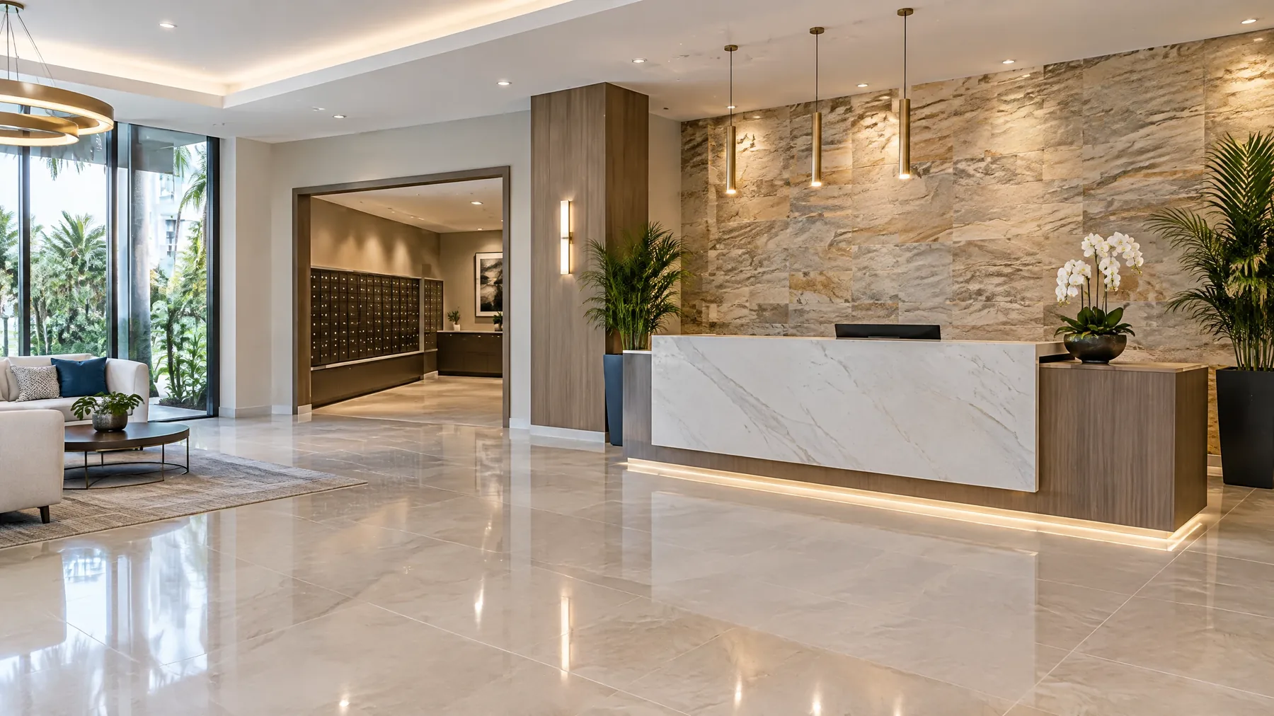 condo lobby renovation example — large-format porcelain floor and stone feature wall