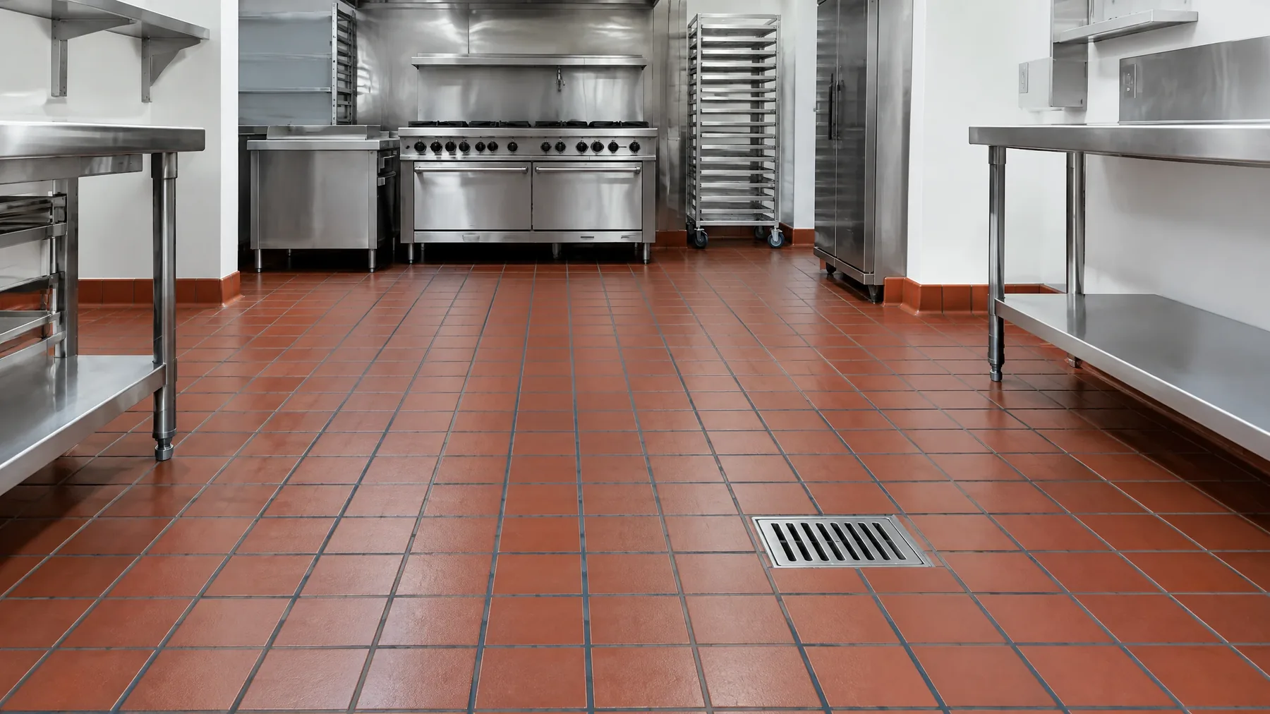 restaurant kitchen tile example — quarry tile floor with epoxy grout, drain and coved base