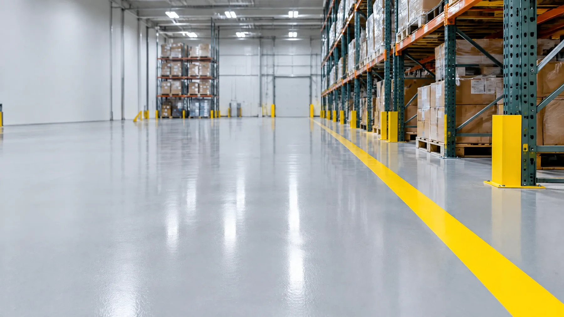 commercial epoxy flooring example — warehouse coating with line striping