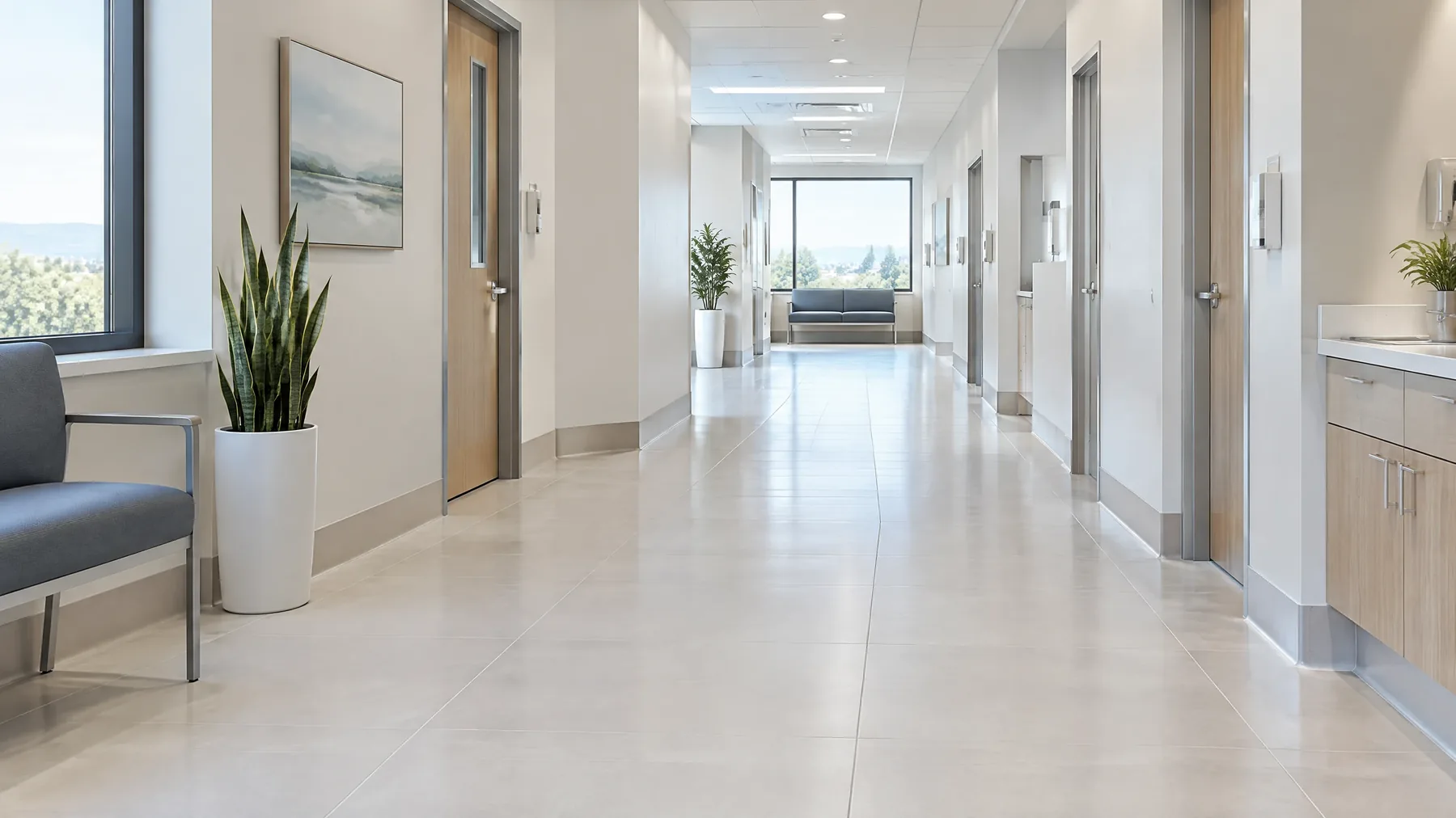 healthcare tile example — patient restroom porcelain with sanitary cove base