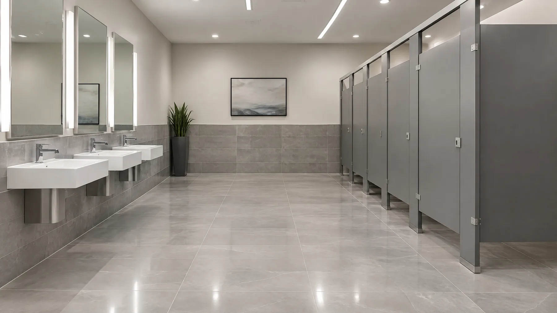 commercial restroom renovation example — porcelain floor and wainscot with new partitions and fixtures