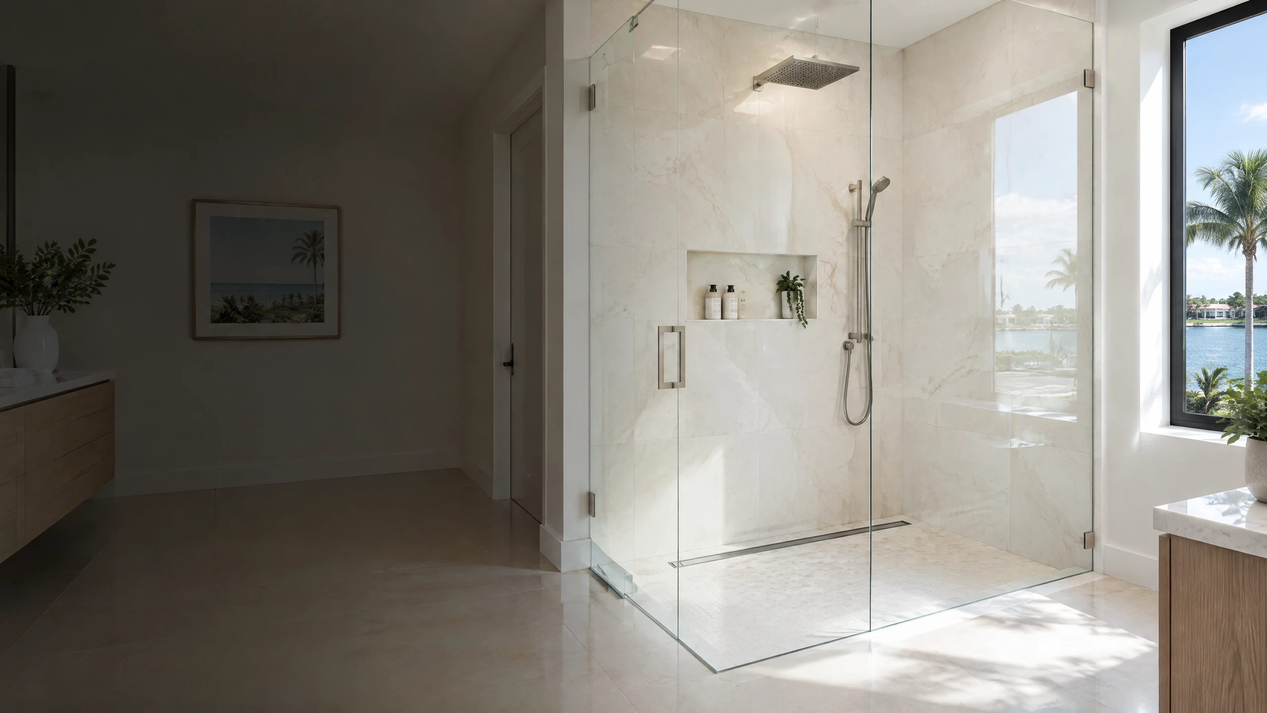 bathroom renovation example — large-format porcelain shower with linear drain