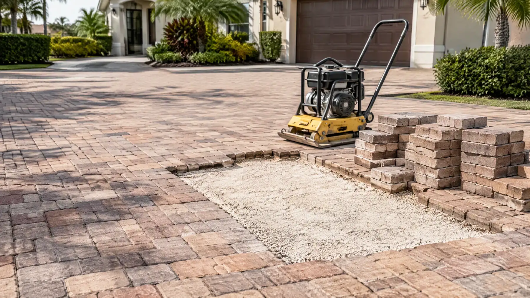paver repair example — pavers lifted and base recompacted before relaying