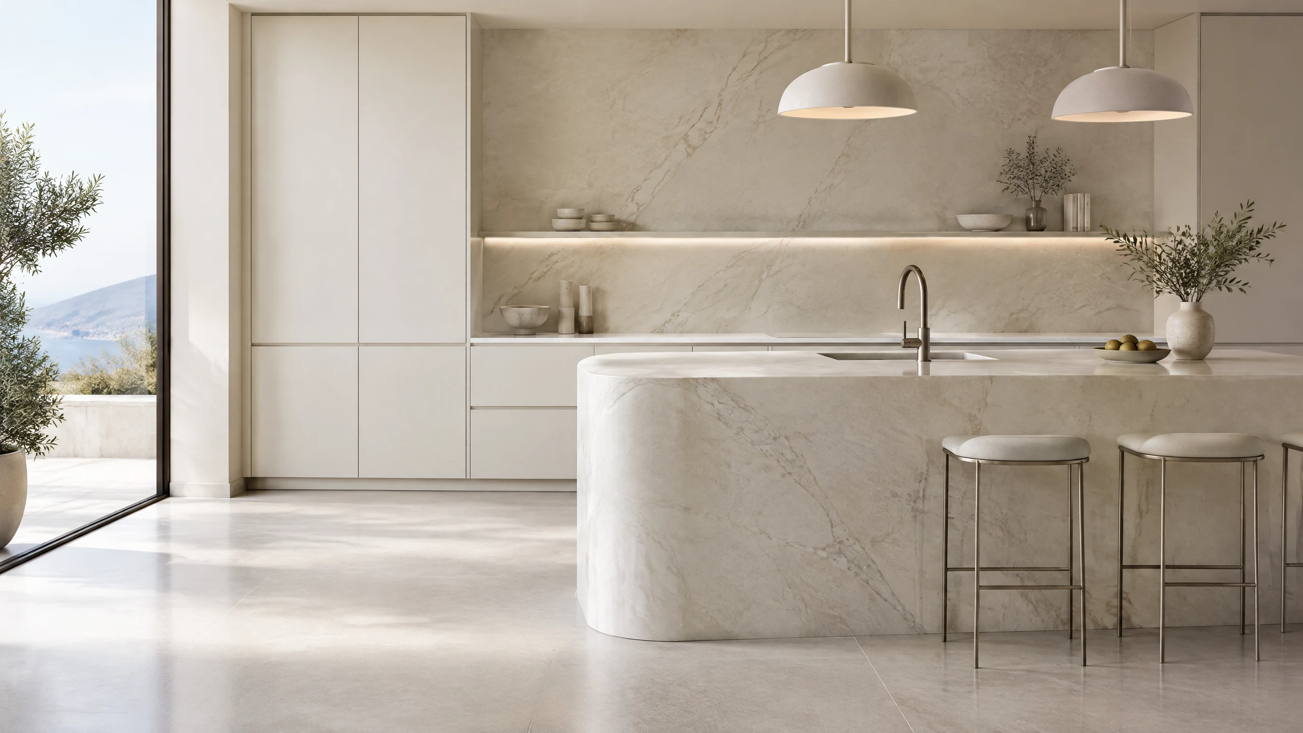 honed marble kitchen island