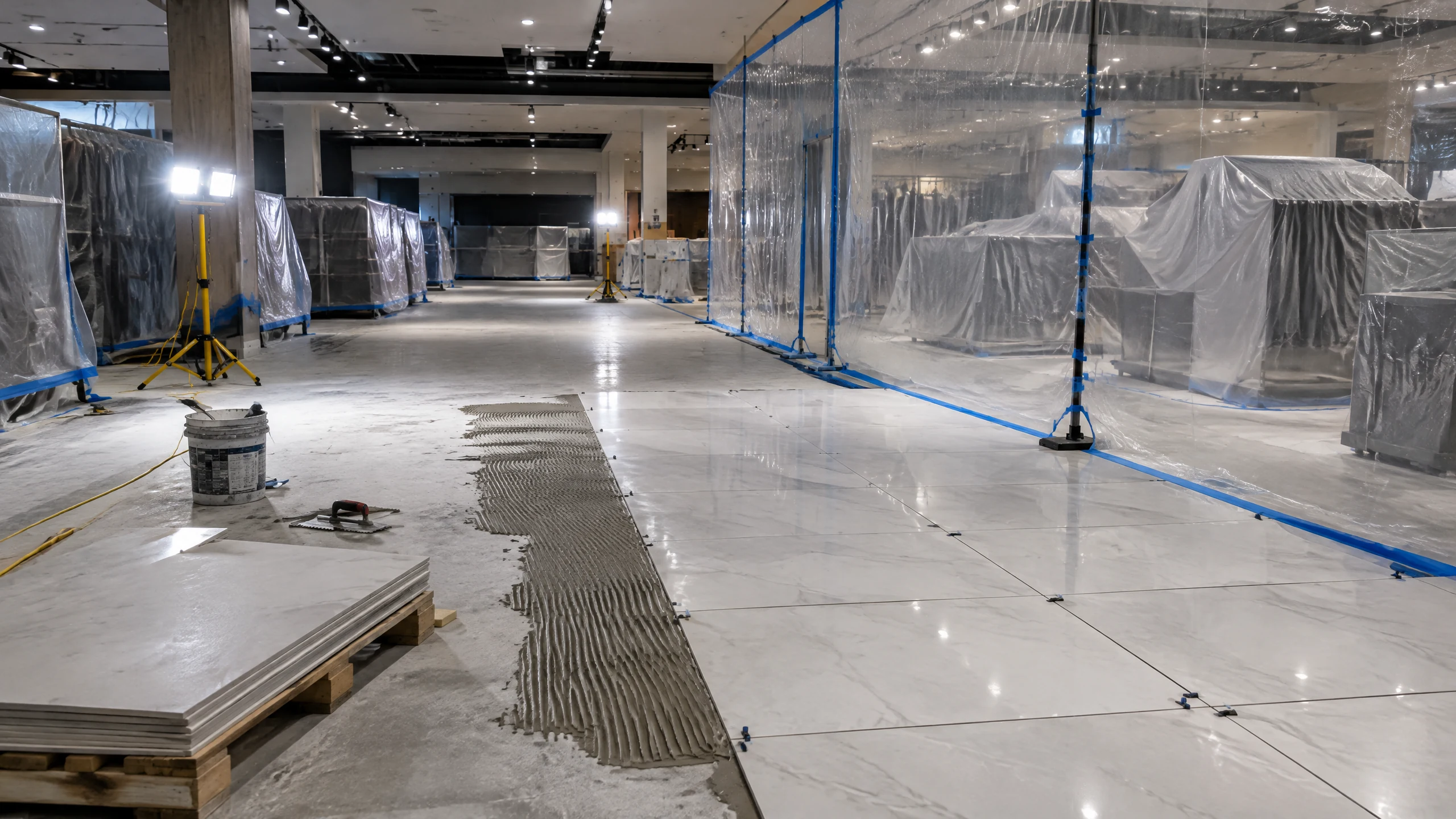 retail tile installation example — after-hours large-format porcelain sales floor