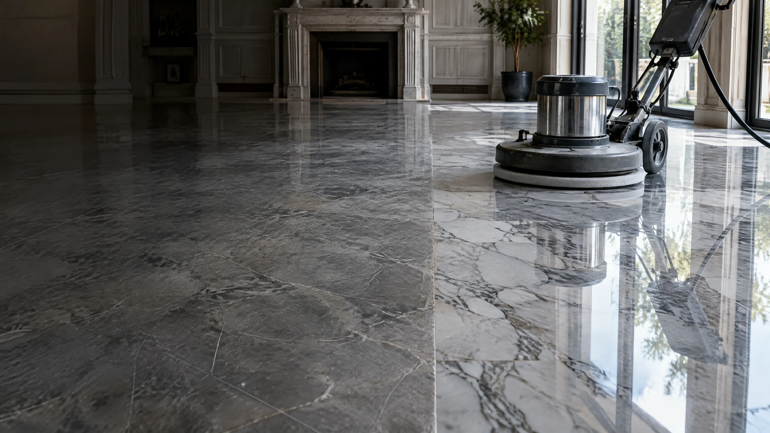 stone restoration example — marble floor before and after honing and polishing