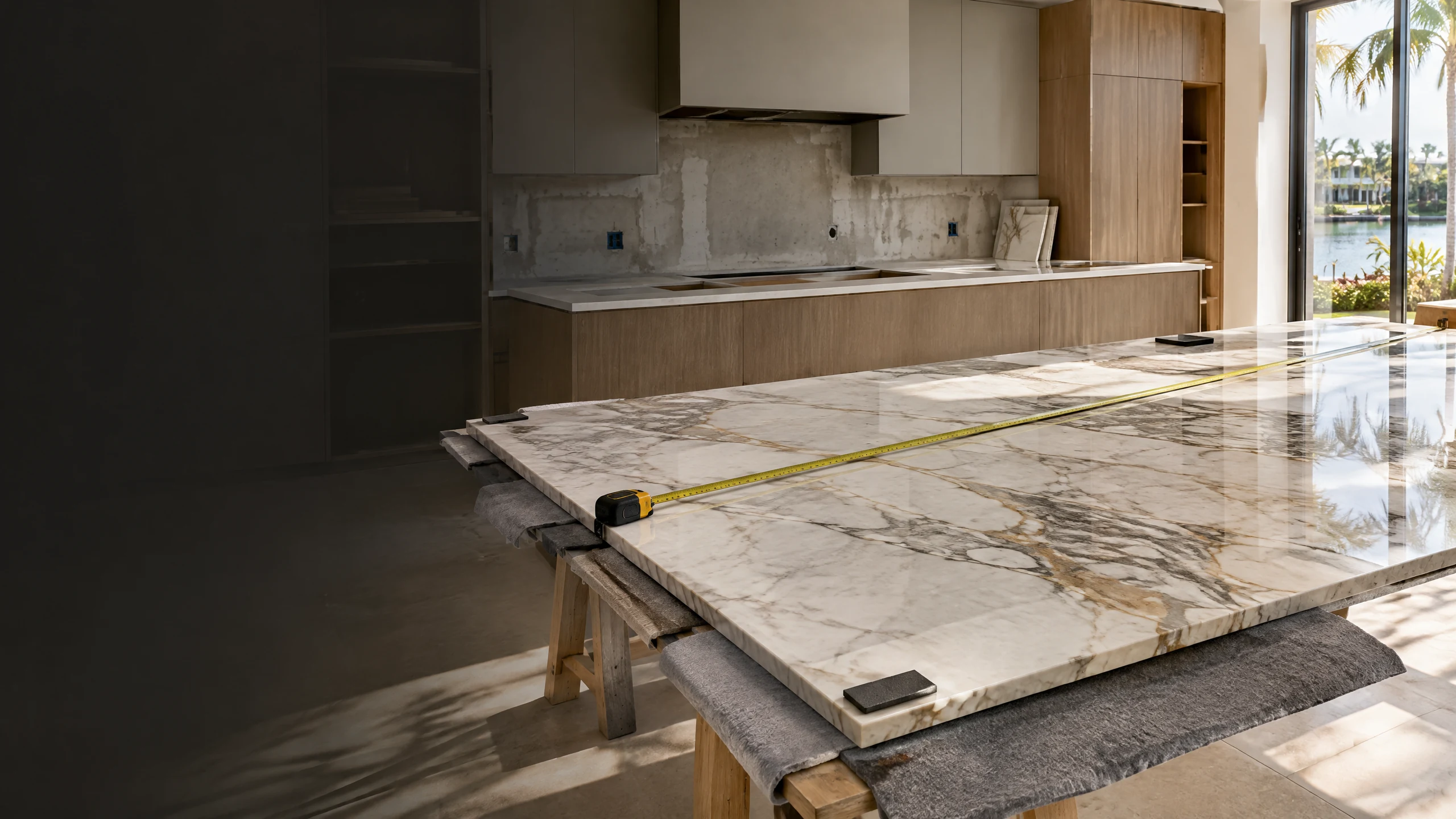 stone slab measurement and installation planning scene