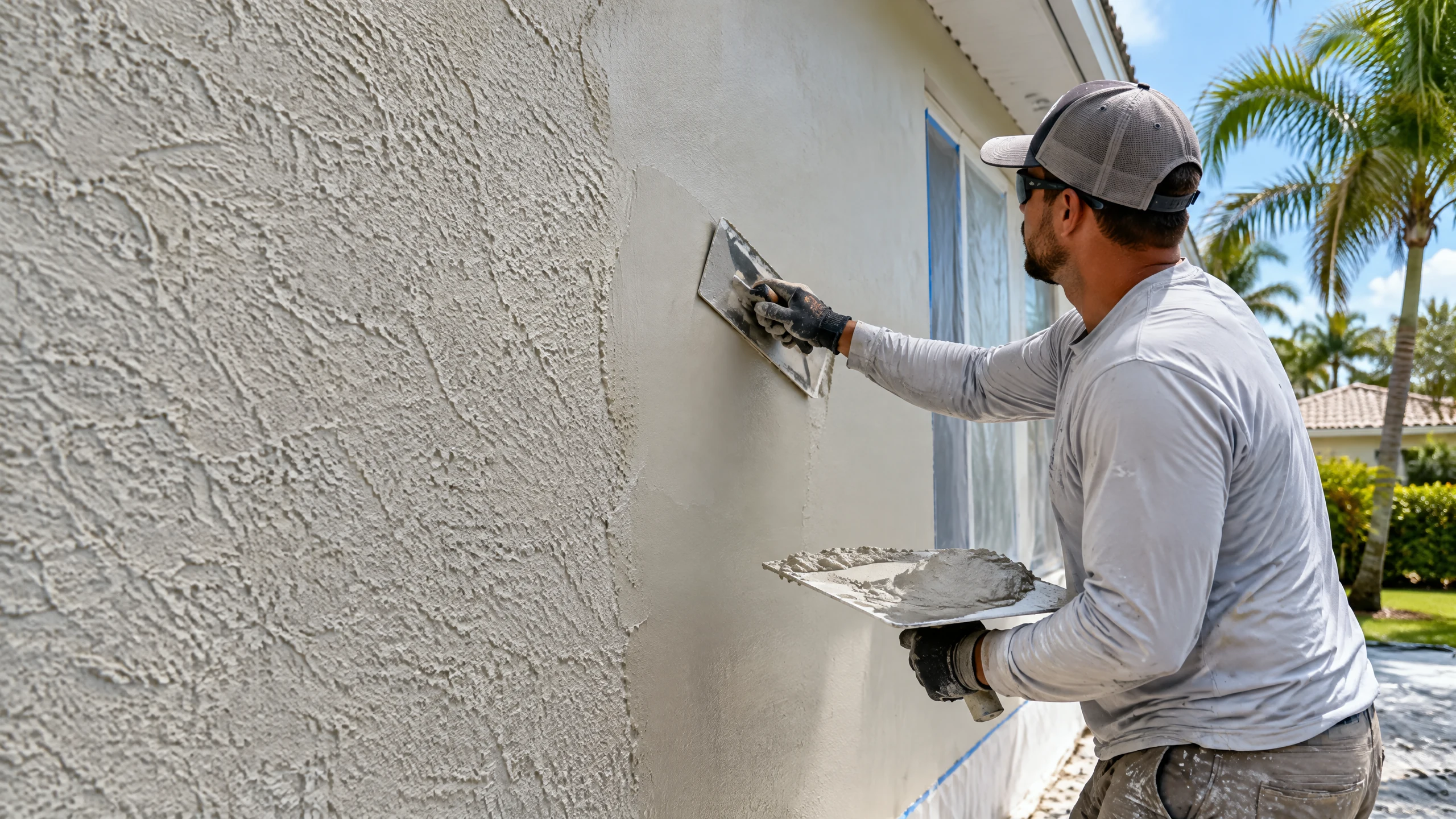 stucco finish example — smooth skim coat over knockdown texture on a South Florida wall