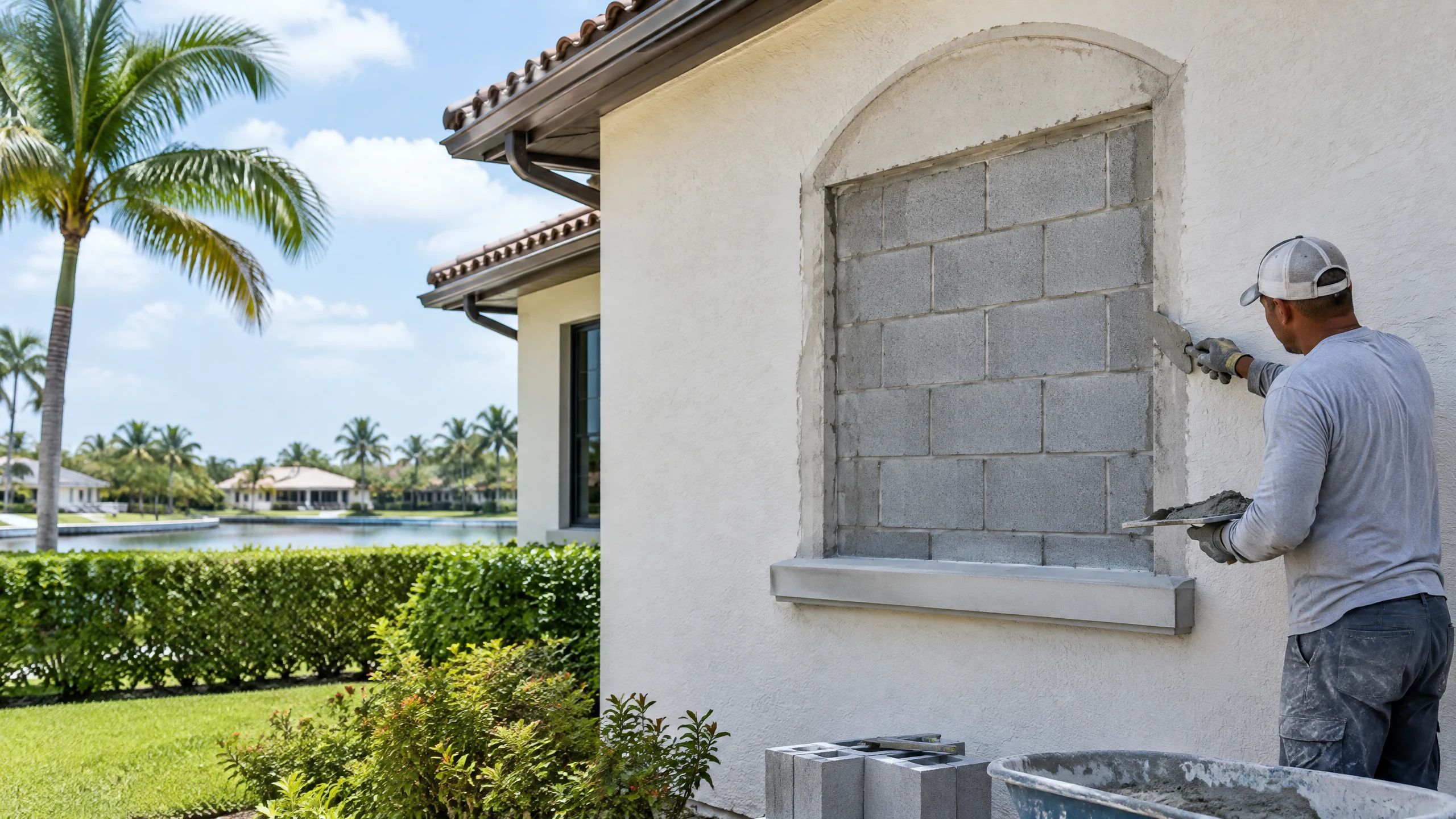 window opening reshaping example — squaring an arched opening in a block wall